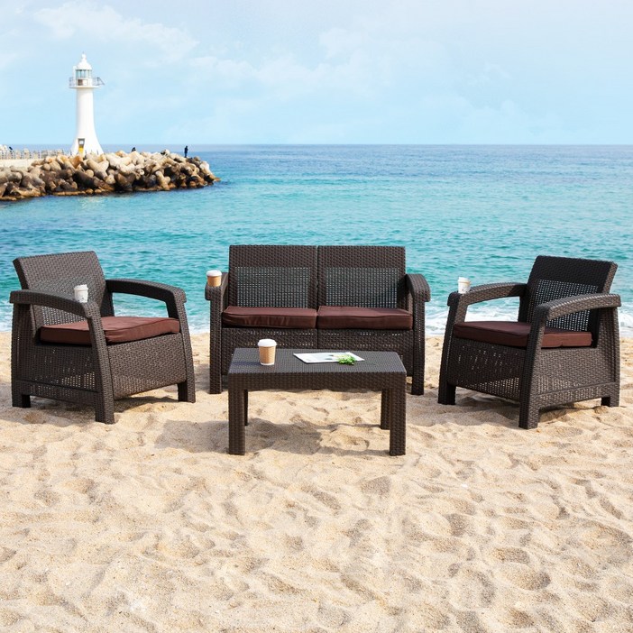 브릭스 4인 야외 라탄 테이블 소파 세트 정원 카페, 그레이, 일반 2  벤치 1