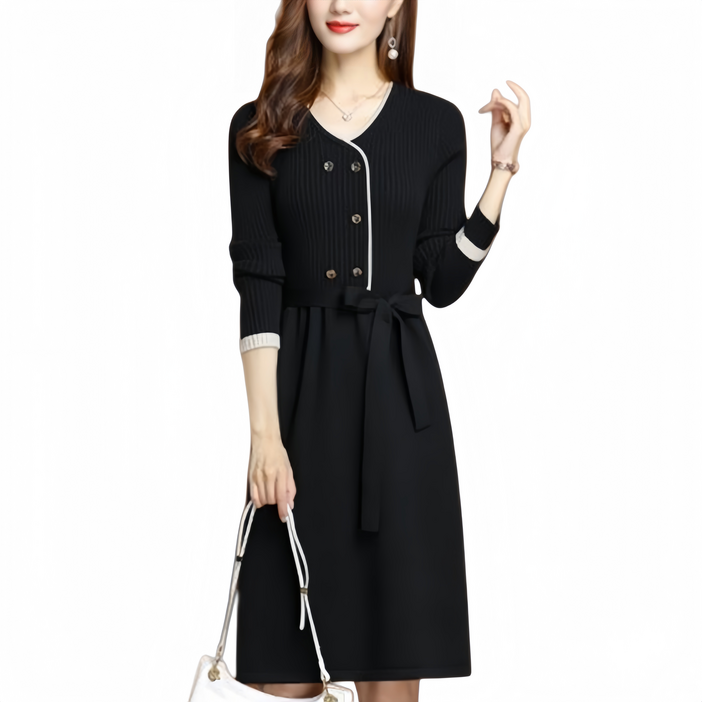 Makone 여성 가을 겨울 브이넥 심플 오피스 스트랩 니트 원피스