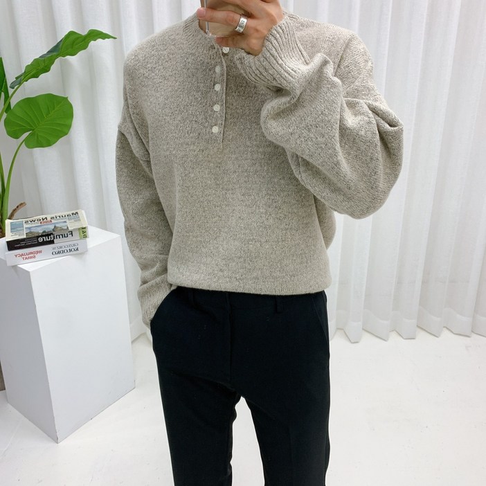 스트릿제이 헨리넥 오버핏 니트 단추 하프카라 오픈넥 긴팔 상의 캐주얼 스웨터