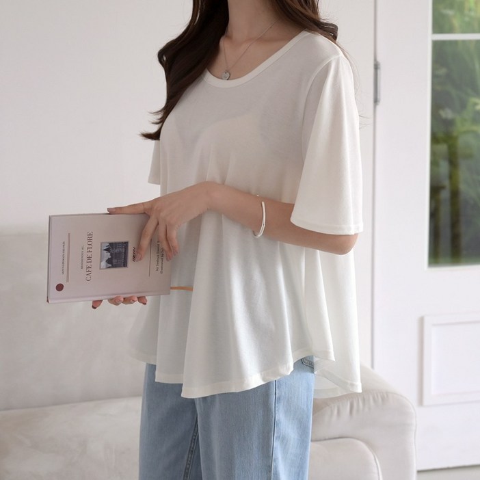 데일리앤 하늘하늘 무지 훌 플레어 반팔 티셔츠