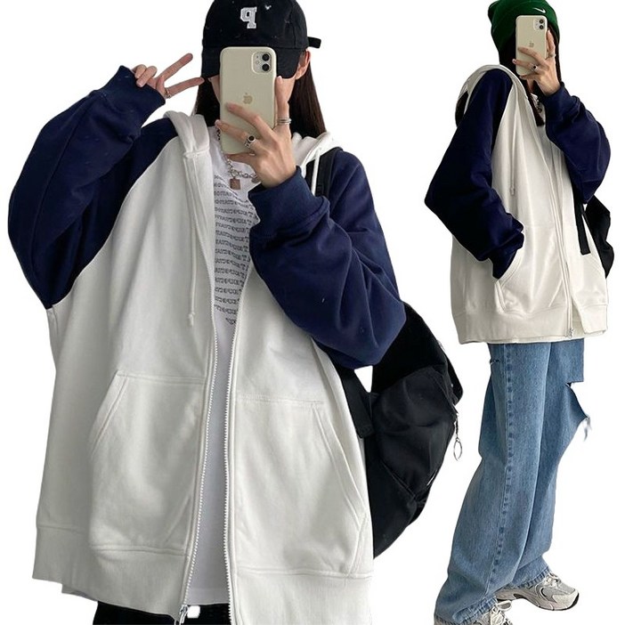 150kg까지 빅사이즈 여성 배색 인스 루즈핏 후드집업 가디건  나그랑 심플 캐주얼 포켓 이어붙이다 날씬해보이는 오버핏 스트링 코디하기 좋은 나른한 데일리 학생복 간절기 자켓