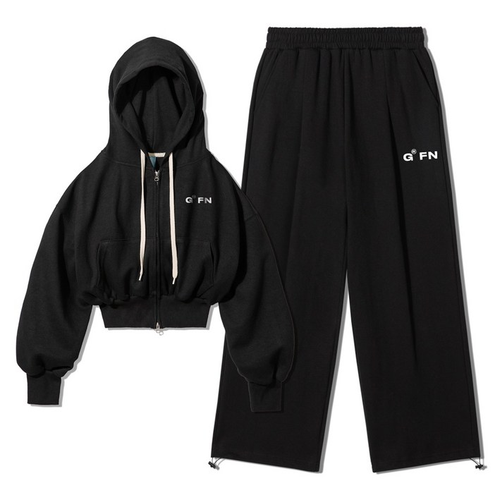 오버핏 기모 스몰 크롭 후드 집업 원턱 밴딩 스트링 트레이닝복 셋업 블랙