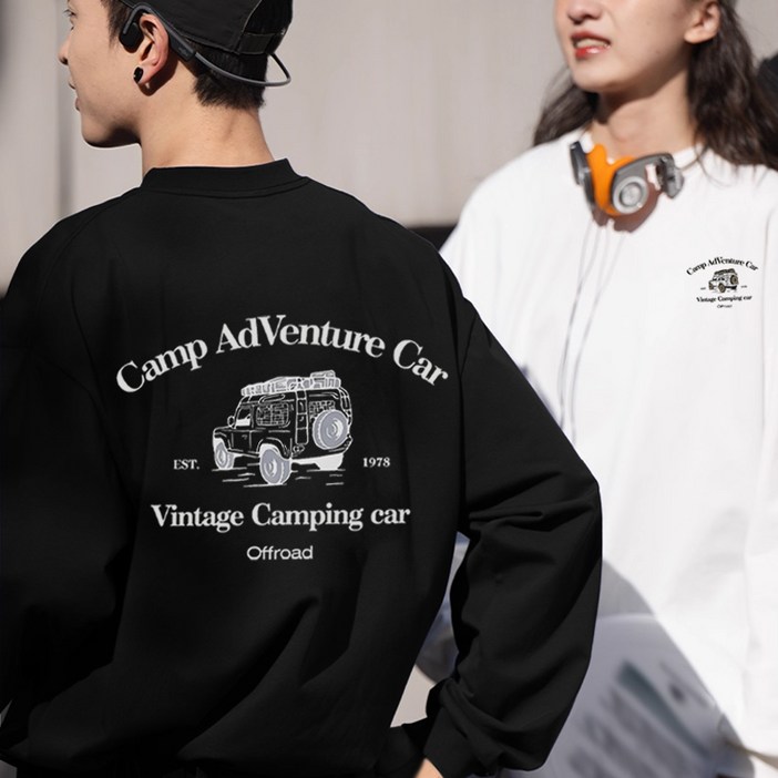 FONOW 남녀공용 커플룩 쭈리면 빅사이즈 오버핏 캠핑지프 프린팅 맨투맨