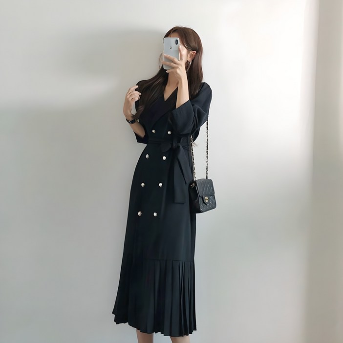 요시아나 당일발송 단아한 그랑시아 카라넥 진주 더블단추 플리츠 벨티드 롱원피스 2컬러