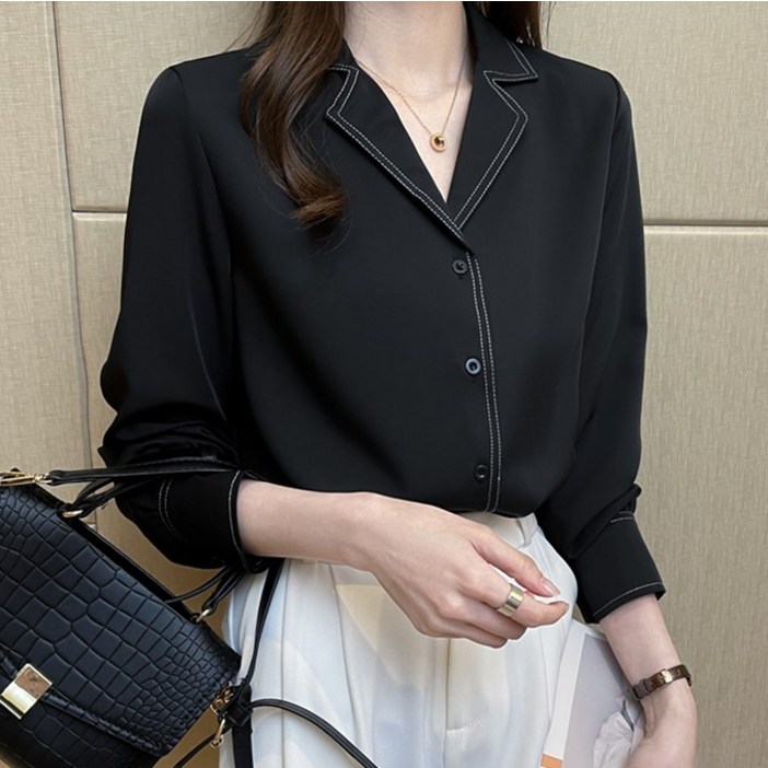 뉴욕멋쟁이 국내배송 젤피 카라 셔츠 블라우스 캐주얼 베이직 스티치 브이넥 남방