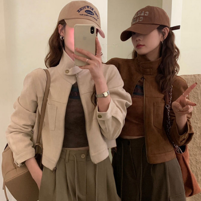 FW 시즌오프50세일빈티지 하이넥 세미 크롭 스웨이드 자켓 2color
