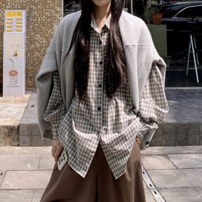 드마엘 엘렌 간절기 오버핏 루즈핏 체크 셔츠 남방(3color) +델로나