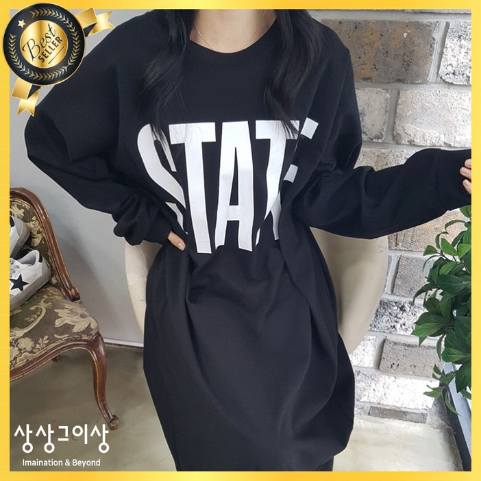상상그이상 여성용 국내제작 스테이트 롱원피스 빅사이즈 오버핏 면100 레터링 포인트 마실룩 홈웨어룩