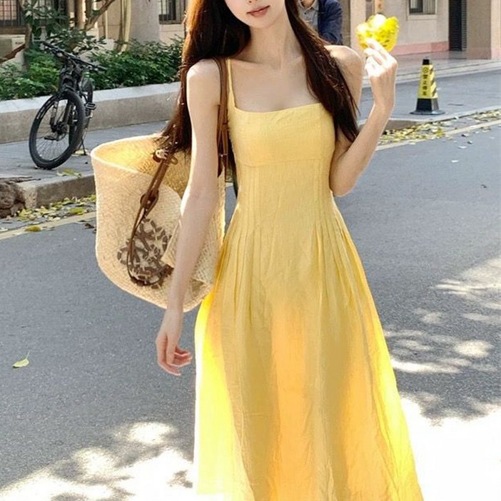 cammello 써니 옐로우 스퀘어넥 A라인 끈 나시 롱 원피스 여름 휴가룩