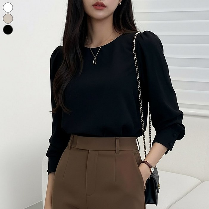 블레스유 여성용 주름없는 링클프리 셔링 블라우스 라운드넥 셔츠 베이직 데일리 긴팔 남방 오피스룩