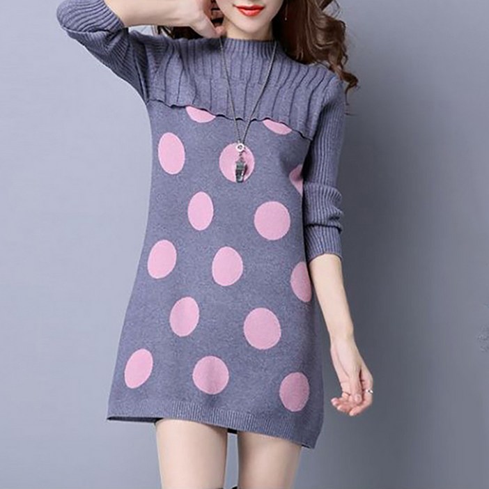 ORZQU 가을겨울 여성 루즈핏 반폴라 니트 이너 도트 원피스 미디 스웨터 톱