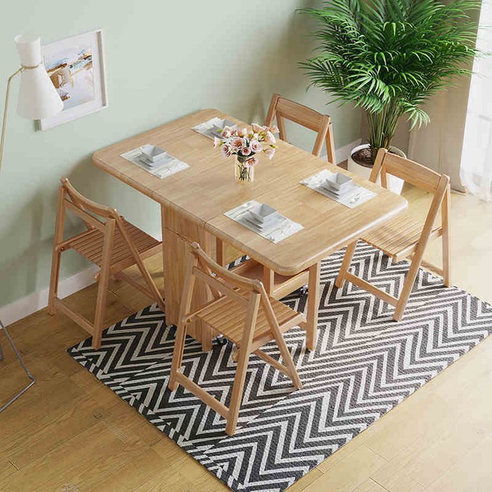 베리아므 접이식 공간활용 이동식 원목식탁 테이블 의자 세트 레트로, 4인용, 브라운