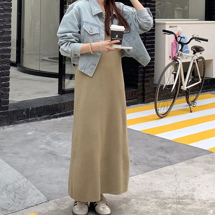 네모엔룩 여성용 니트맥시롱 레이어드 니트 베스트 비스코스 민소매 라운드넥 나시 롱 원피스