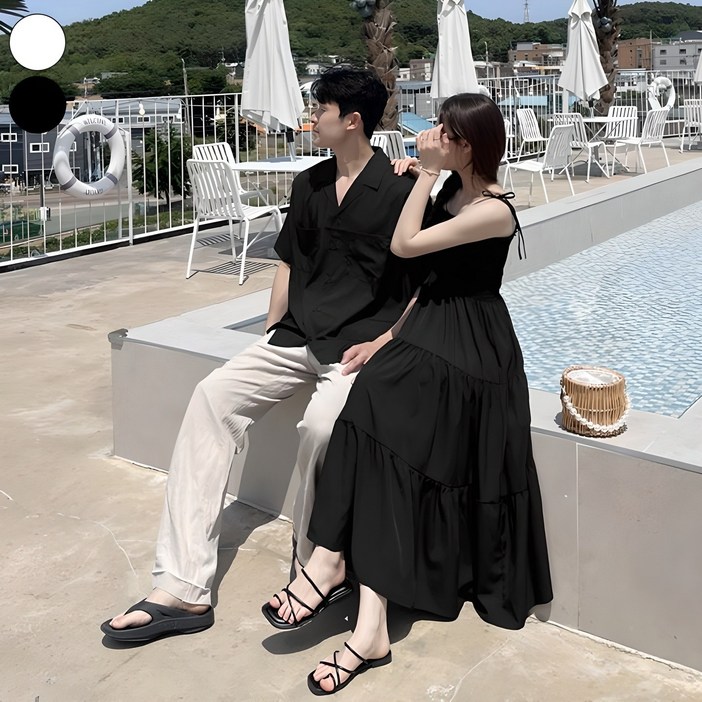 가비진 여성용 스모크 끈 롱 원피스 + 무지 카라 반팔셔츠 남녀 커플룩 시밀러룩 휴가룩 바캉스룩 세트 남여개별구매