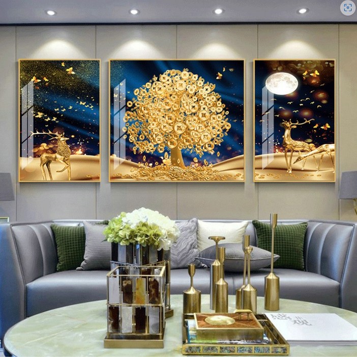 완판 풍수지리 황금 사슴 재물운 돈나무 대형 거실인테리어 액자, 1세트, 혼합색