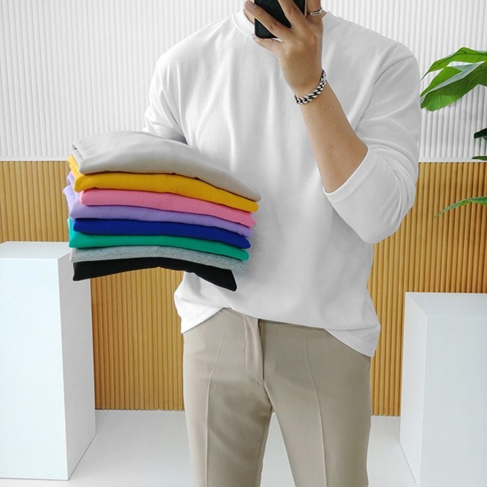 카라롱원피스 남자 오버핏 특양면 스판 라운드 무지 긴팔 티셔츠