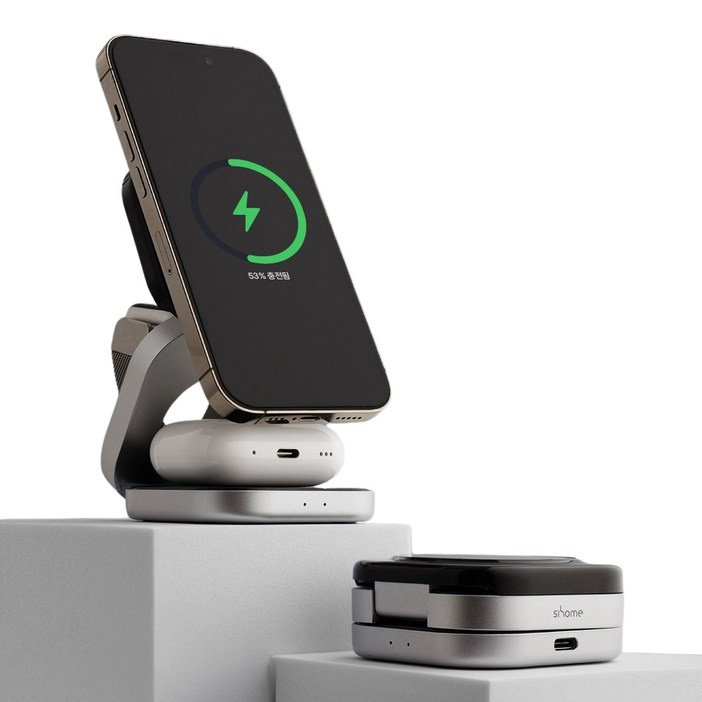 시홈 폴더블 3in1 접이식 휴대용 22.5W 맥세이프 핸드폰 워치 이어폰 무선충전기, 1개, 스페이스블랙