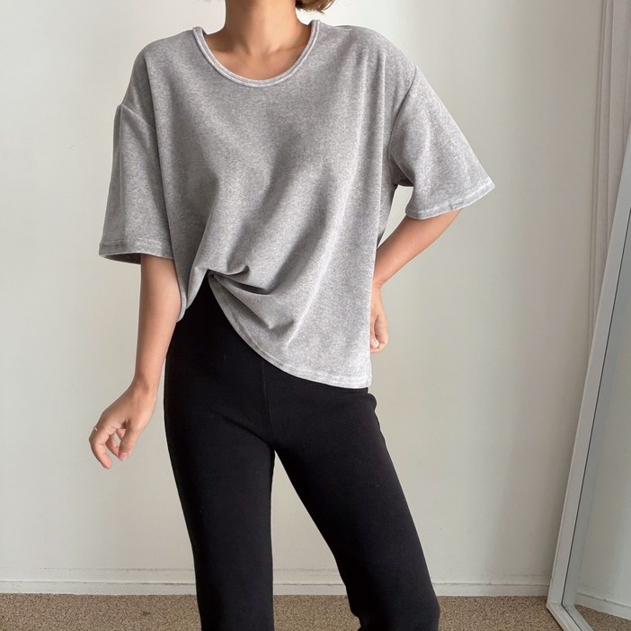 에이치스 포근 보들보들 벨벳 벨로아 세미박시핏 유넥 겨울 무지 반팔티