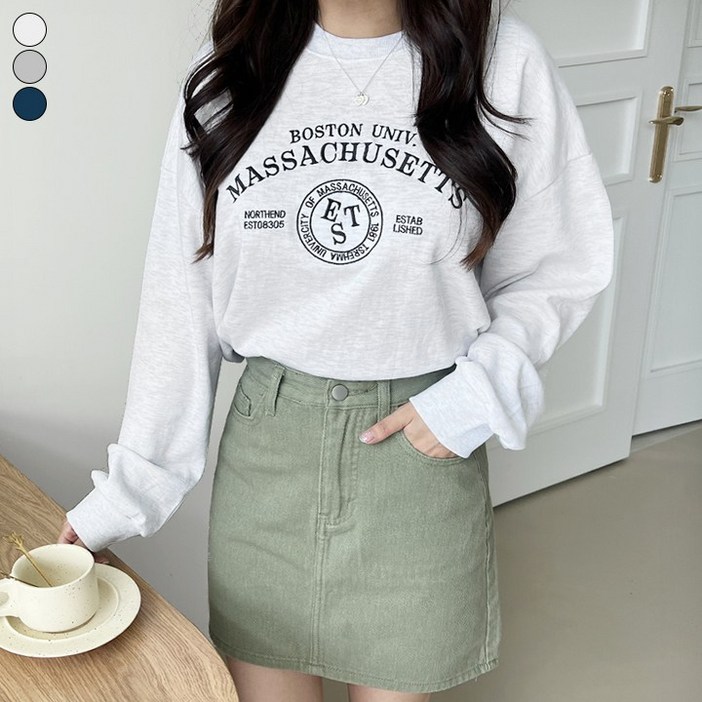 가비진 여성용 라운드넥 레터링 자수 세미 크롭 데일리 맨투맨 티