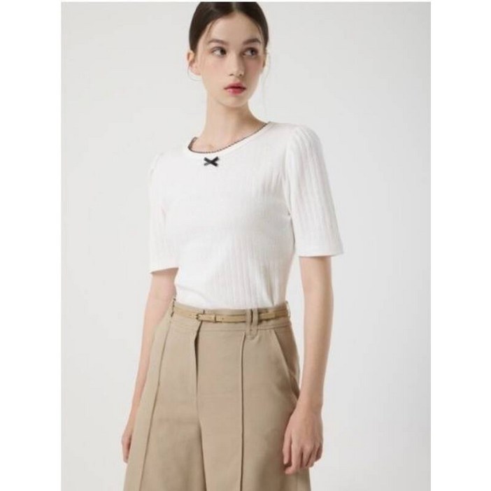 리본 퍼프 소매 티셔츠C252PSM051 577798