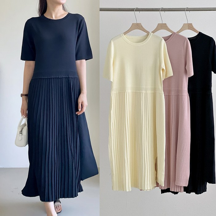 니트코어 여성 여름 루즈핏 빅사이즈 모던 플리츠 주름 라운드넥 반팔 니트 원피스 만삭 임부복 임산부원피스 하객룩 하객원피스 등하원룩