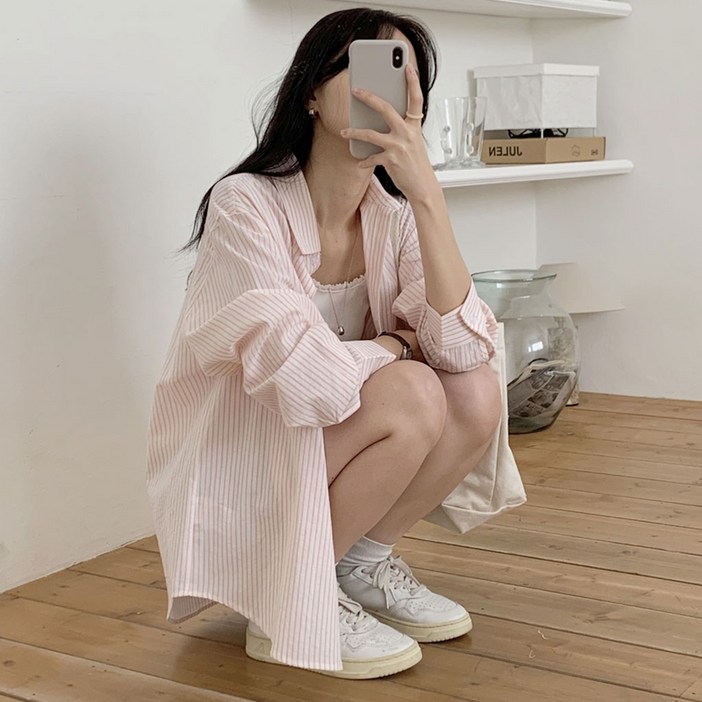 5588사이즈데일리 여성 스트라이프 셔츠 긴팔 남방 카라셔츠 빅사이즈 루즈핏 오버핏 하객룩 피크닉 여름셔츠 자외선 간절기 77사이즈 88사이즈