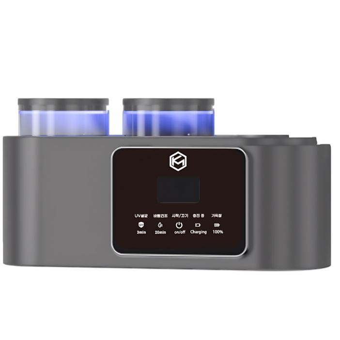 케이엠 무타공 설치 스마트 무선충전 가정용 살균 건조 양치컵세트 칫솔살균기, 그레이