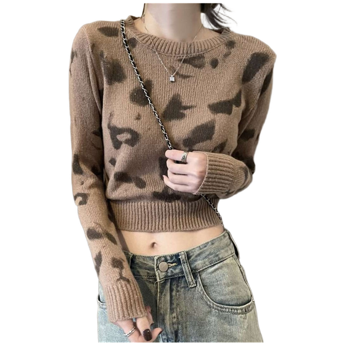 JIEVE 여성 청년 가을 겨울 패션 심플 크롭 니트 스웨터 긴팔 라운드넥 레오파드 프린트 W18