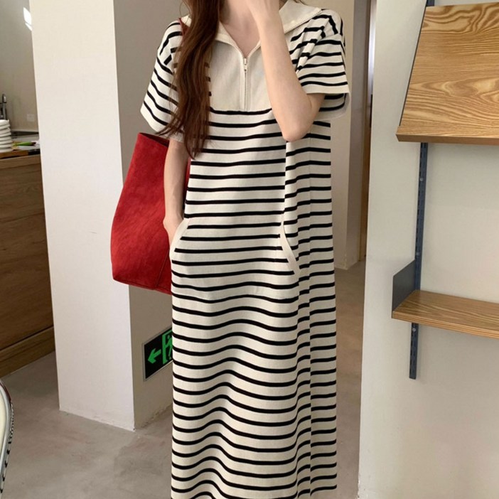 여성 롱원피스 봄여름 캐주얼 스트라이프 카라넥 반팔원피스 41100
