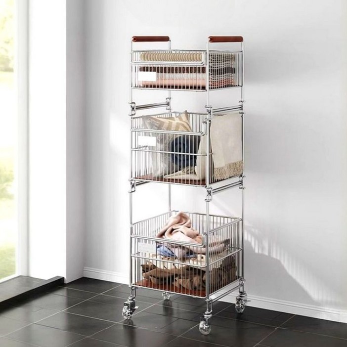 3단빨래바구니 올스텐빨래바구니 스텐 철제 이동식 빨래트롤리 욕실