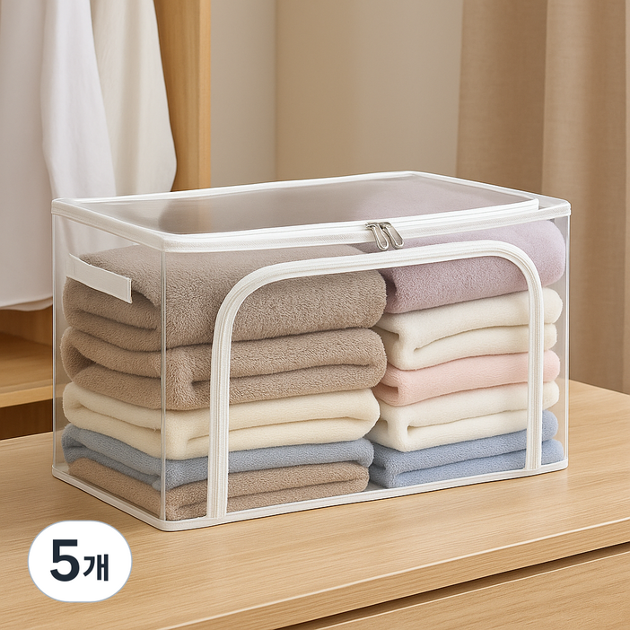 도르리 다용도 리빙박스 이불 옷 정리 투명 대용량 수납박스 폴딩박스, 화이트, 5개