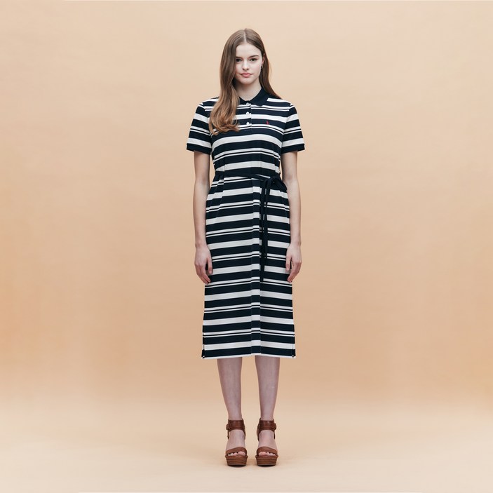 헤지스 여성용 아이코닉 스트라이프 롱 피케 반팔 원피스