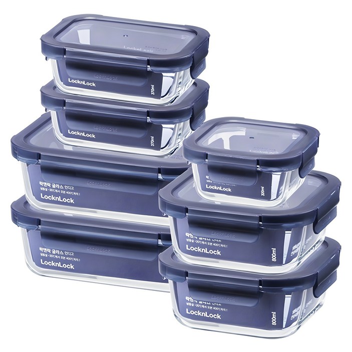 락앤락글라스 인디고 밀폐용기 7종 세트, 1세트, 320ml + 370ml(2p) + 800ml(2p) + 1.04L(2p)