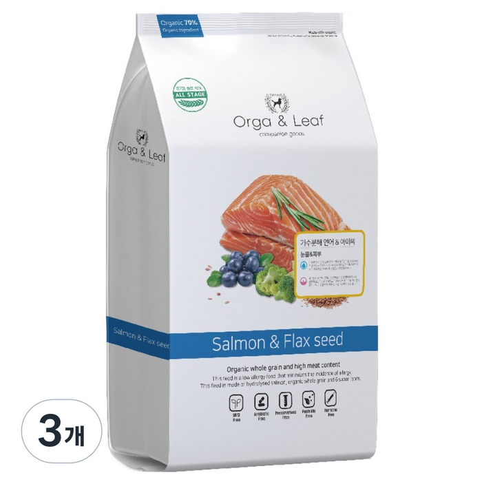 오가앤리프 강아지 가수분해 연어아마씨 사료, 피부피모알러지, 1.8kg, 3개