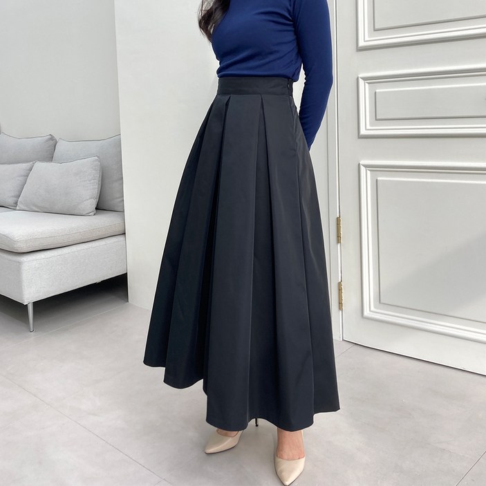 델레브 바스락 핀턱 플레어 풀 스커트 하객 A라인 롱 치마