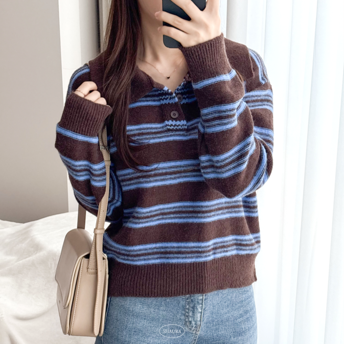 샤우라 부드러운 캐주얼 데일리룩 스트라이프 단가라 니트