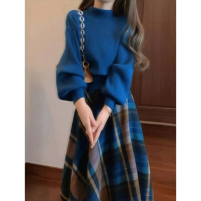 해피유통   여성용 추동 니트 스웨터 체크 스커트 투피스   BJJ001