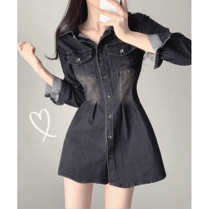 자스민벨 벨라 투핀턱 포켓 데님 카라 셔츠 미니 원피스 청치마 원피스