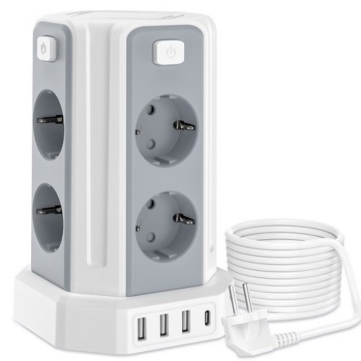 과부하차단 USB 타워 멀티탭  블랙  3M 전선  USB 멀티탭 12구 8소켓 3USBA 1USBC,KC 인증서 취득, 하얀색, 1개, 3m