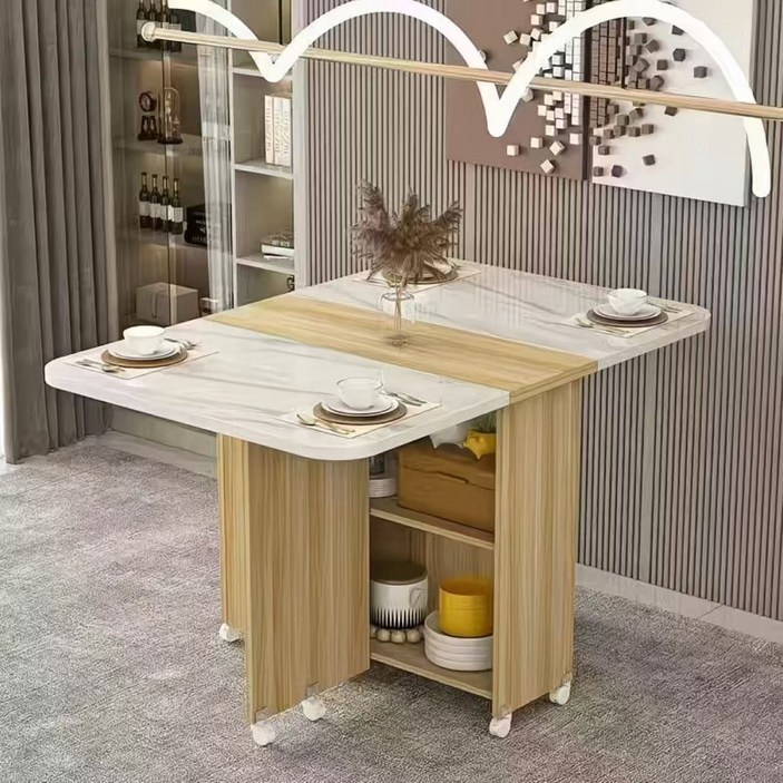 이동식 접이식 식탁 가정용 소형주택형 신축, 4인용, 얕은 궤  흰돌 무늬