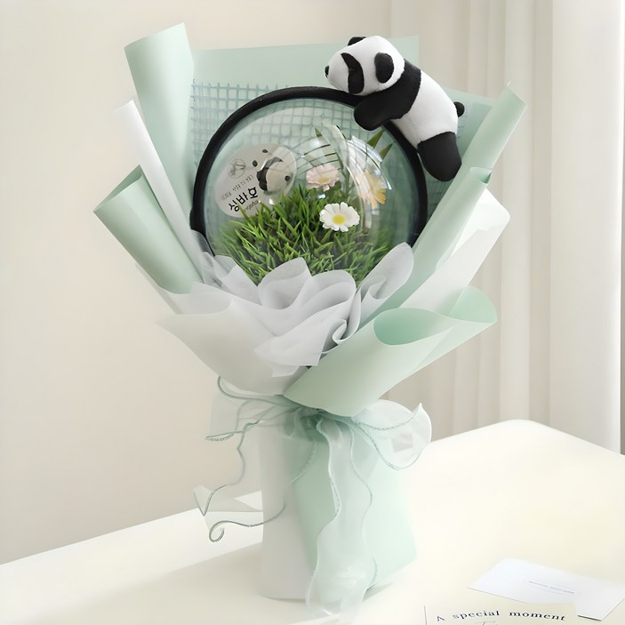 뷰티풀데코센스 조화 싱바오 판다인형 머리띠 아크릴 풍선 꽃다발, 그린, 1개