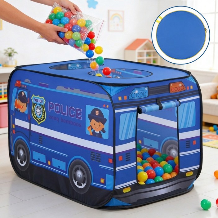 Flyaiku 경찰차 캐릭터 원터치 접이식 휴대용 실내외 텐트 수납가방 포함