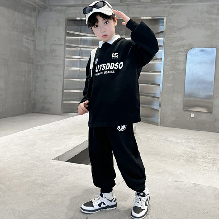 비비키드 남아 봄 가을 초등생 초중생 FIDUTSDDSO 영문 프린팅 카라 맨투맨 상하복 세트 초중생 초등생 긴팔 초등생 긴바지 세트 (8030)