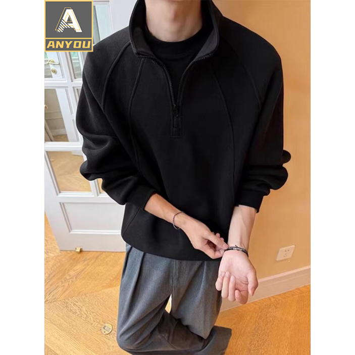 ANYOU 남성 풀오버 반지퍼 세미하이넥 후드티 편안한 오버사이즈 상의