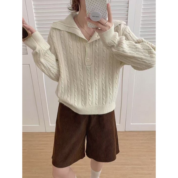 KDNC 여성 데일리 베이직 반오픈 카라 꽈배기 긴팔 니트