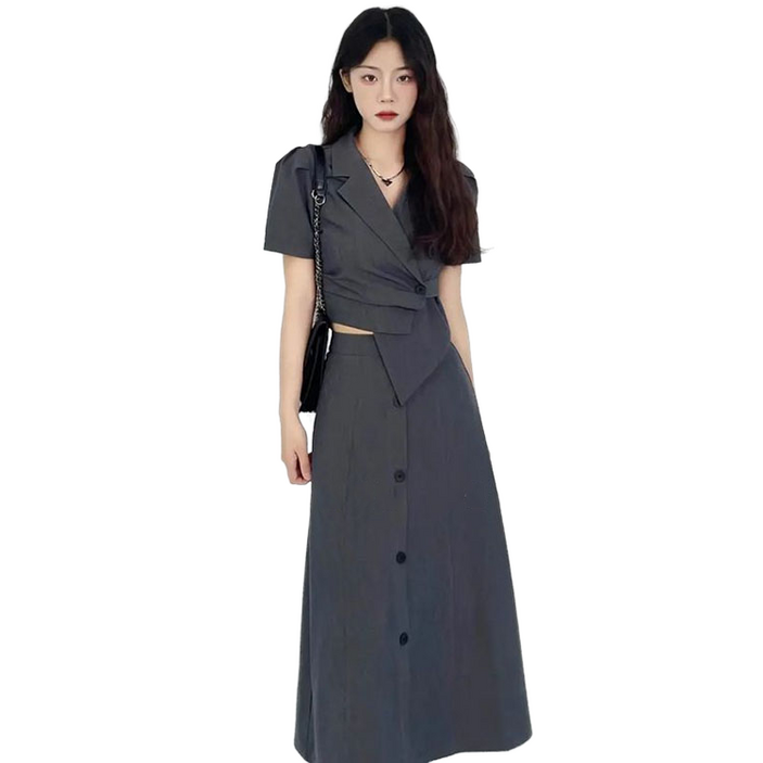 셀럽당 그레이 패션 수트 여 여름 정장 상의+a라인스커트투피스