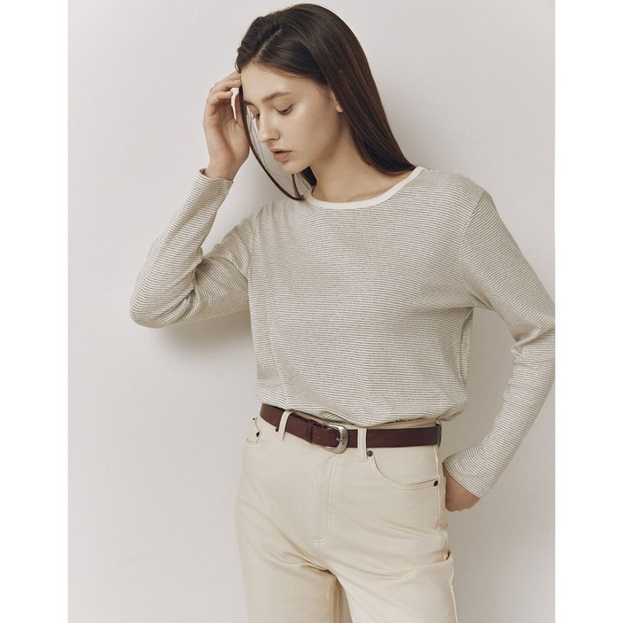 지오다노 NEW [테일러드] 여자 프 스트라이프 라운드넥 긴팔 티셔츠 05325954