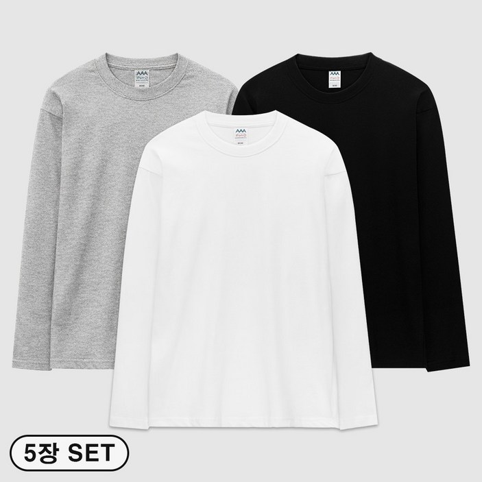 아소트 순면 긴팔면티 이너웨어 긴팔티셔츠 쭉티 흰티 남녀공용 빅사이즈 5장세트