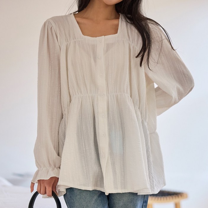 로로텐 스퀘어넥 셔링 퍼프 긴팔 블라우스 여성 빅사이즈