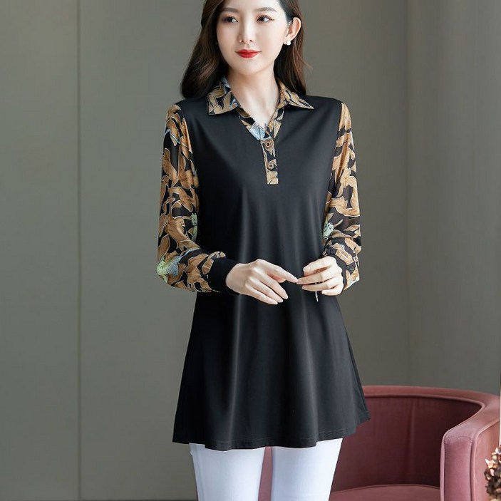 50대 중년여성 카라 긴팔티 쉬폰셔츠 롱셔츠 남방 빅사이즈 엄마옷 플라워 블라우스